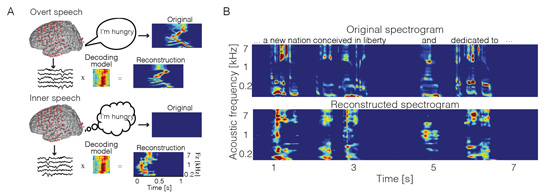 Figure 1: Inner speech decoding.</strong> (A) Decoding Framework. (B) Examples of reconstructed spectrotemporal features from brain activity recorded during inner speech (adapted from 14 with permissions)